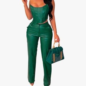 Miss8 Green Faux Leather Corset Top and Wide Leg Pant Set